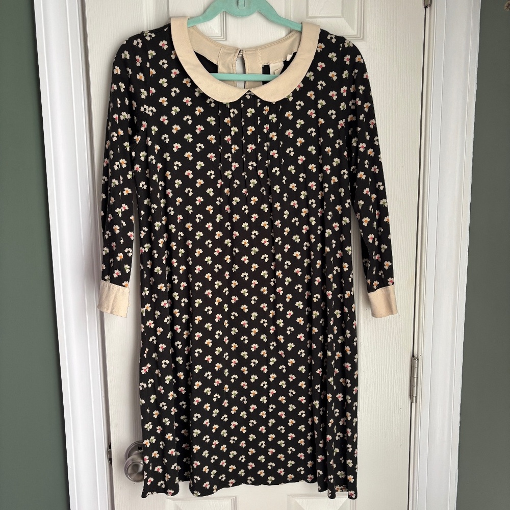 Orla Kiely Black Mini Dress with Cream Collar and Floral Print